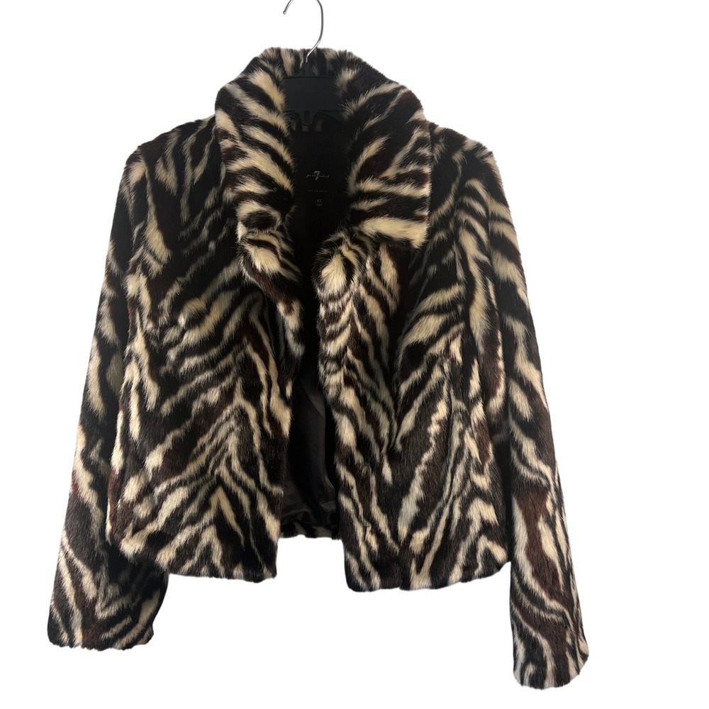 7 For All Mankind Faux Fur Zebra Print Jacket Women XS Brown Cream Mob Wife